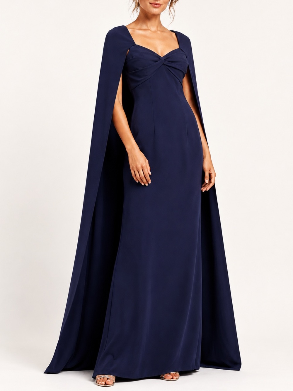 Marchesa Notte Cape Dress Blue Crepe Gown Size 6 NWT Navy Blue Maxi Stretch